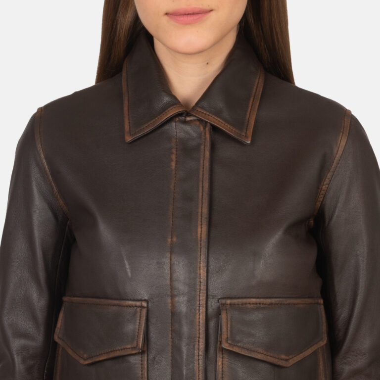 Womens Westa A-2 Brown Leather Bomber Jacket Close-Up-9-1659377758206